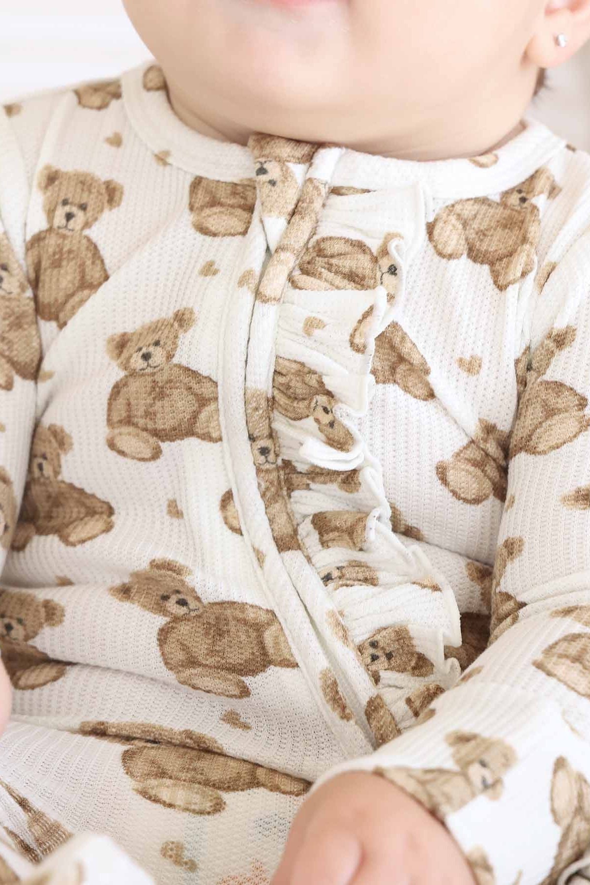 Beary Sweet Bamboo Waffle Zipper Ruffle Footie