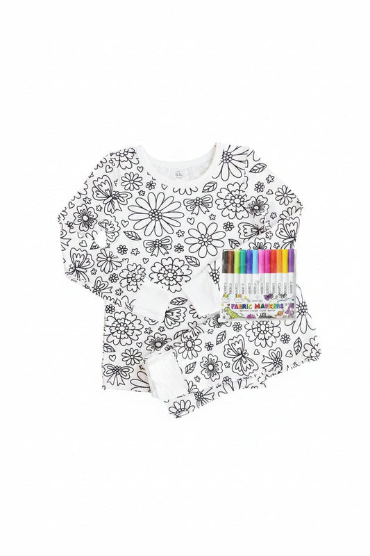 Colorable Two Piece Pajama Set | Floral Flutter