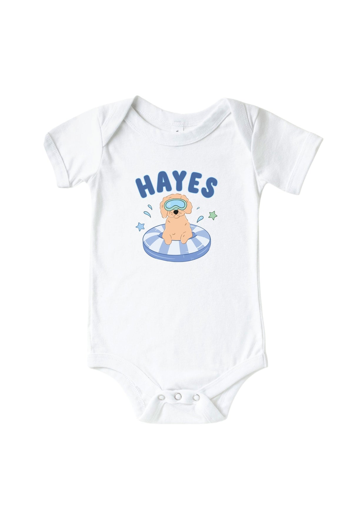 Personalized Poolside Pups Blue Graphic Bodysuit & Kids Tee | White
