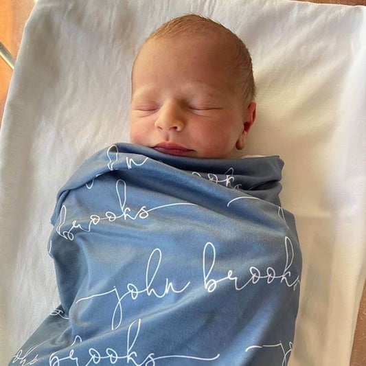 Personalized Steel Blue Baby Name Swaddle Blanket - Script