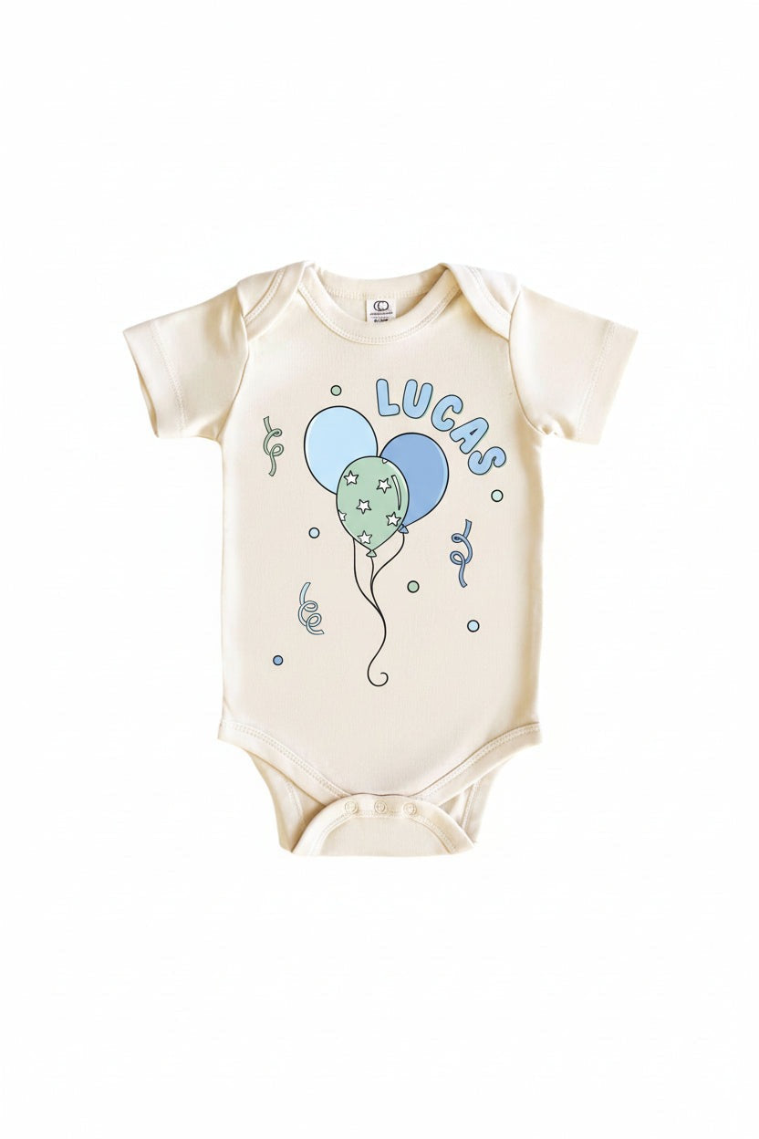 Personalized Blue Party Time Graphic Bodysuit & Kids Tee | Natural