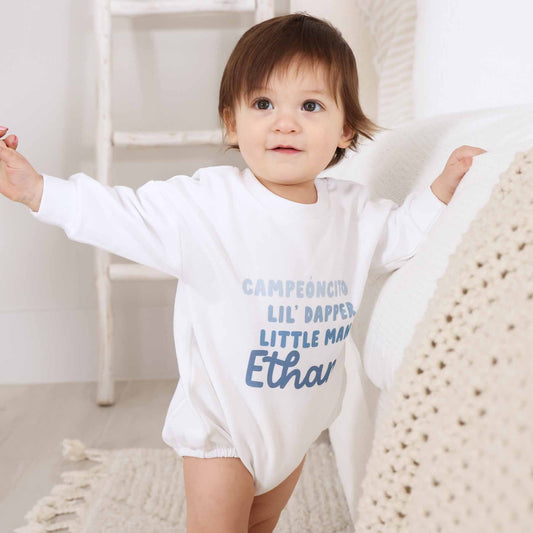 Personalized Dusty Blue Nickname Graphic Sweatshirt Bubble Romper | White