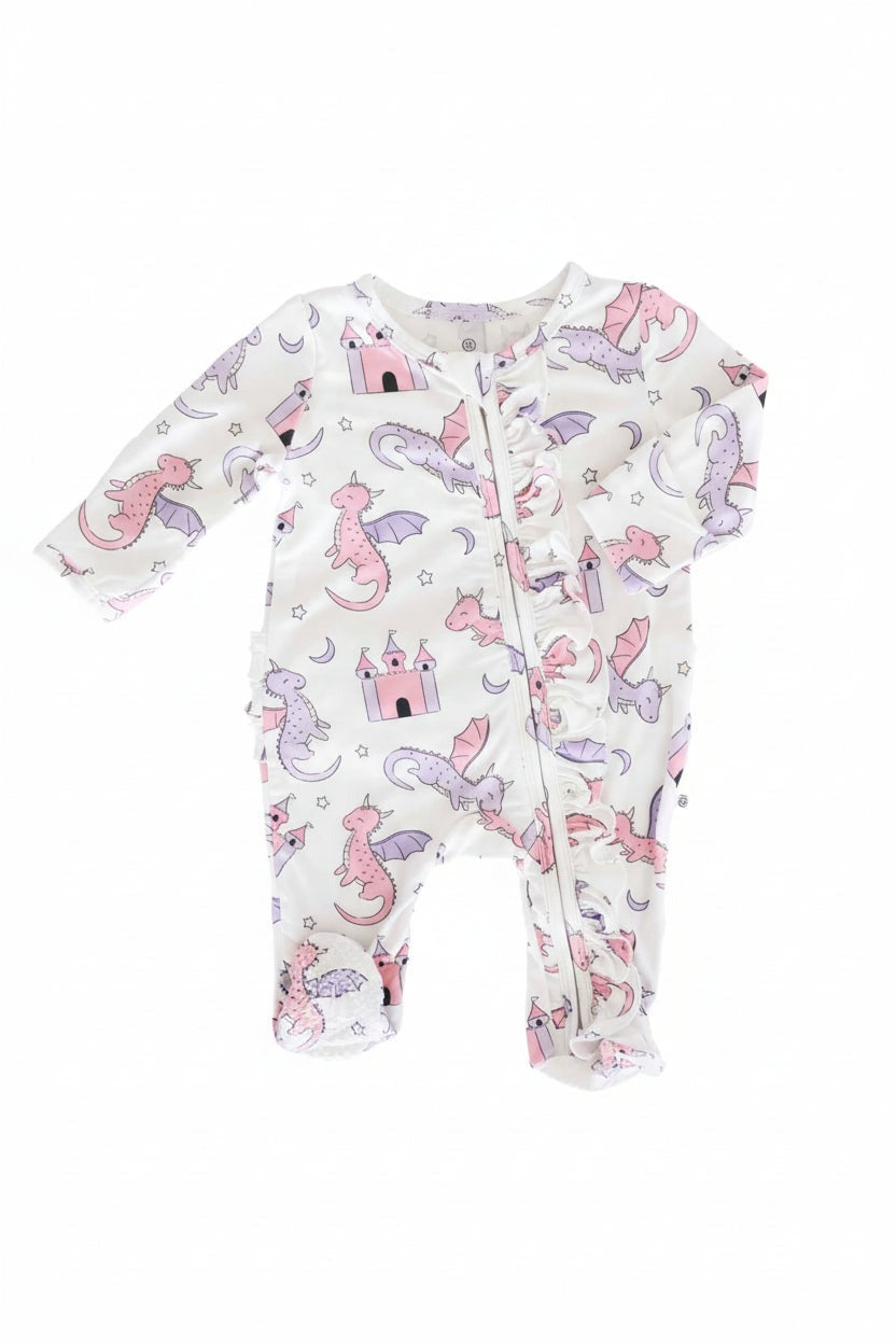 Dragon Adventure Ruffle Zipper Footie | Pink