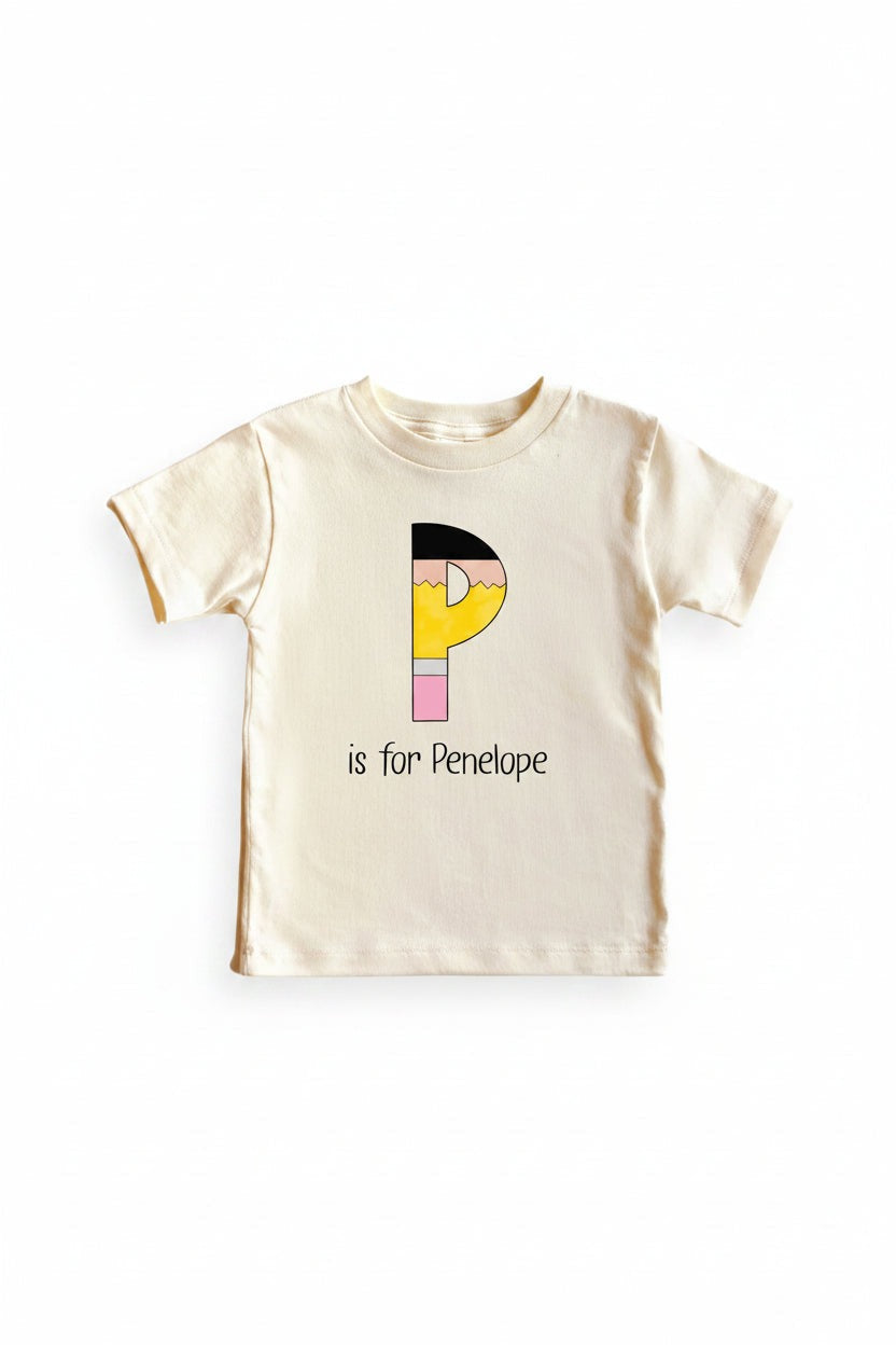 Personalized Pencil Letters Kids Graphic Tee | Natural