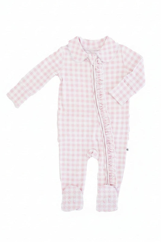 Peter Pan Collar Ruffle Zipper Footie | Rosy Gingham