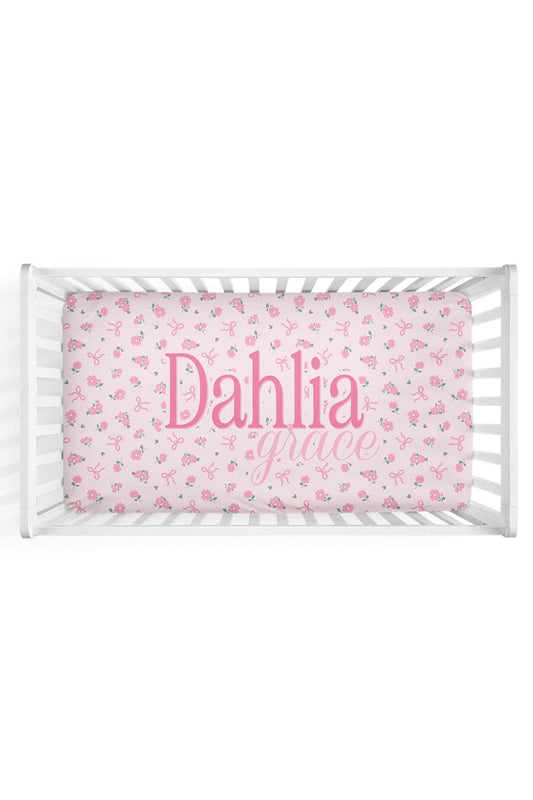 Ribbon & Roses Personalized Crib Sheet | Pink