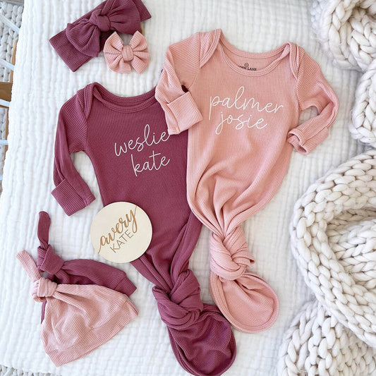 Personalized Bamboo Newborn Baby Knot Gown | Sweet Waffles - Script