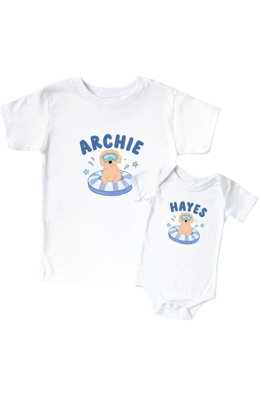 Personalized Poolside Pups Blue Graphic Bodysuit & Kids Tee | White