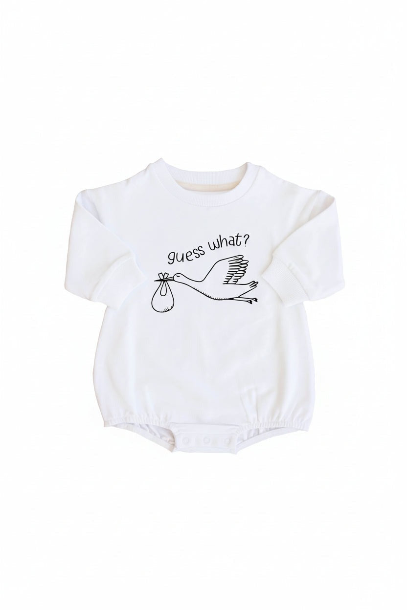 Guess What Graphic Sweatshirt Bubble Romper | White