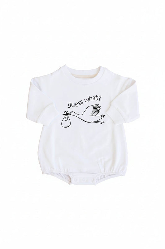 Guess What Graphic Sweatshirt Bubble Romper | White