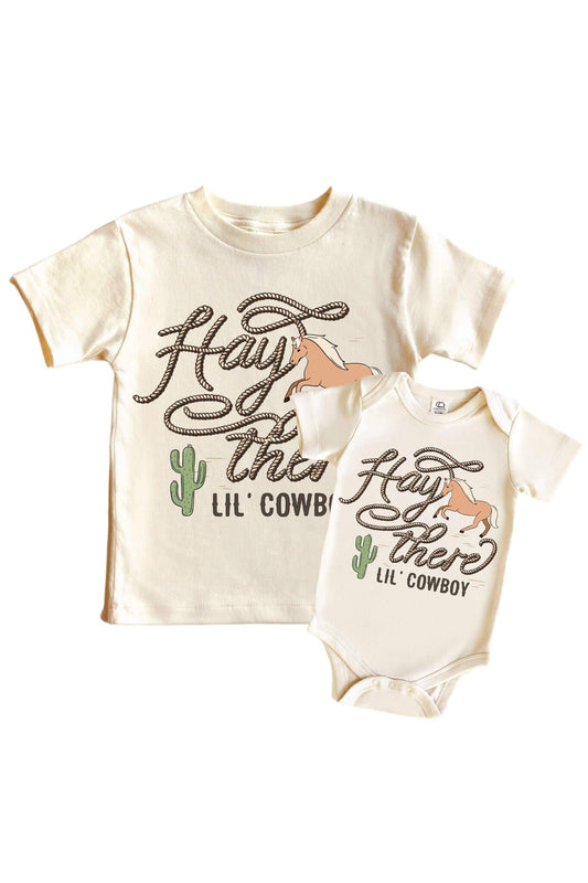 Hay There Lil' Cowboy Graphic Bodysuit & Kids Tee | Natural
