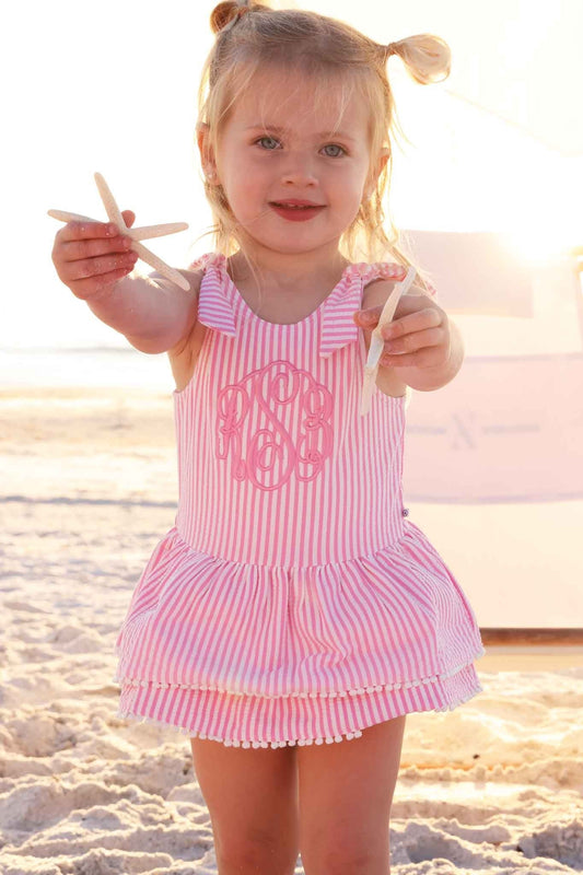 Tiered Skirt with White Pom Trim | Seersucker Dusty Pink