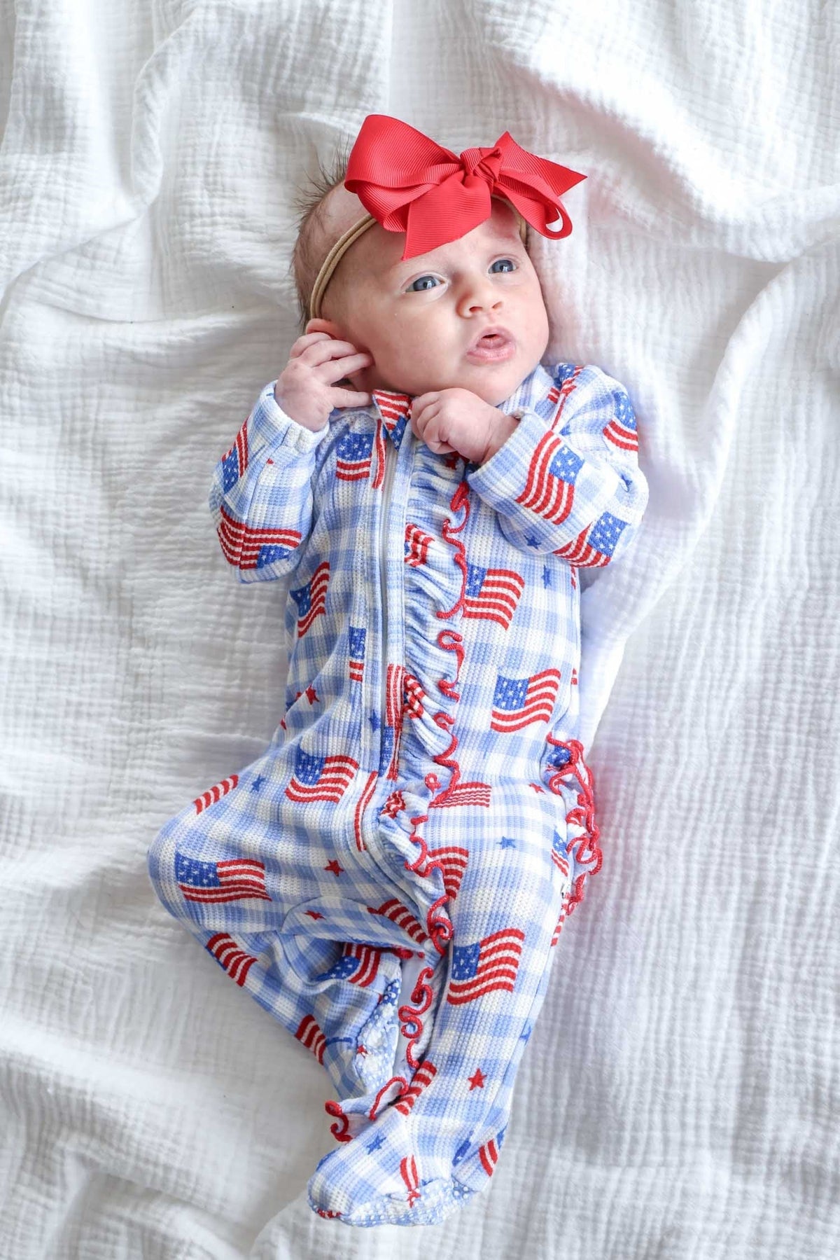 Bamboo Waffle Ruffle Zipper Footie | Star-Spangled Picnic