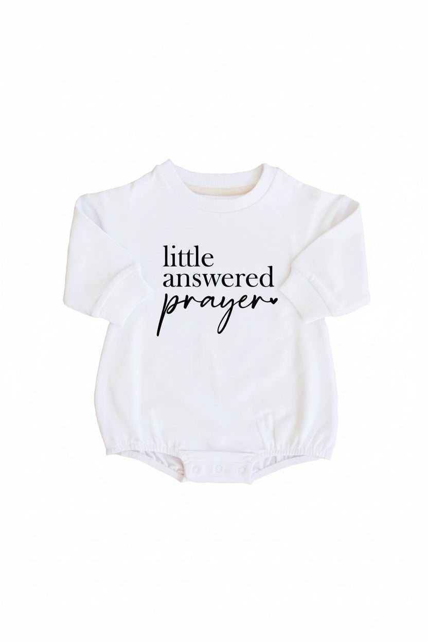 Little Answered Prayer Graphic Sweatshirt Bubble Romper | White
