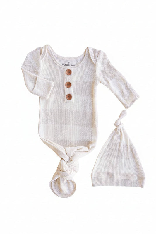 Big Check Bamboo Waffle Newborn Baby Knot Gown & Hat Set | Sand