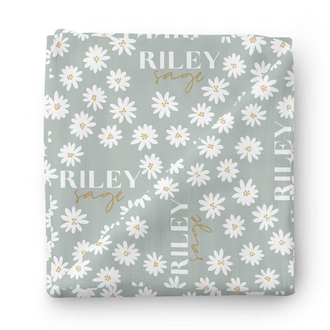 Soft Green Daisy Personalized Swaddle Blanket