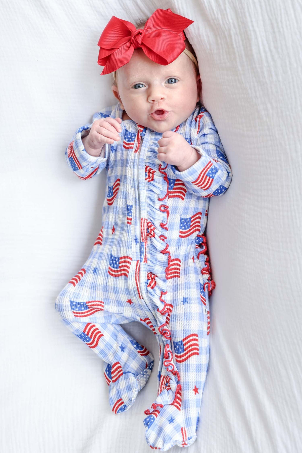 Bamboo Waffle Ruffle Zipper Footie | Star-Spangled Picnic