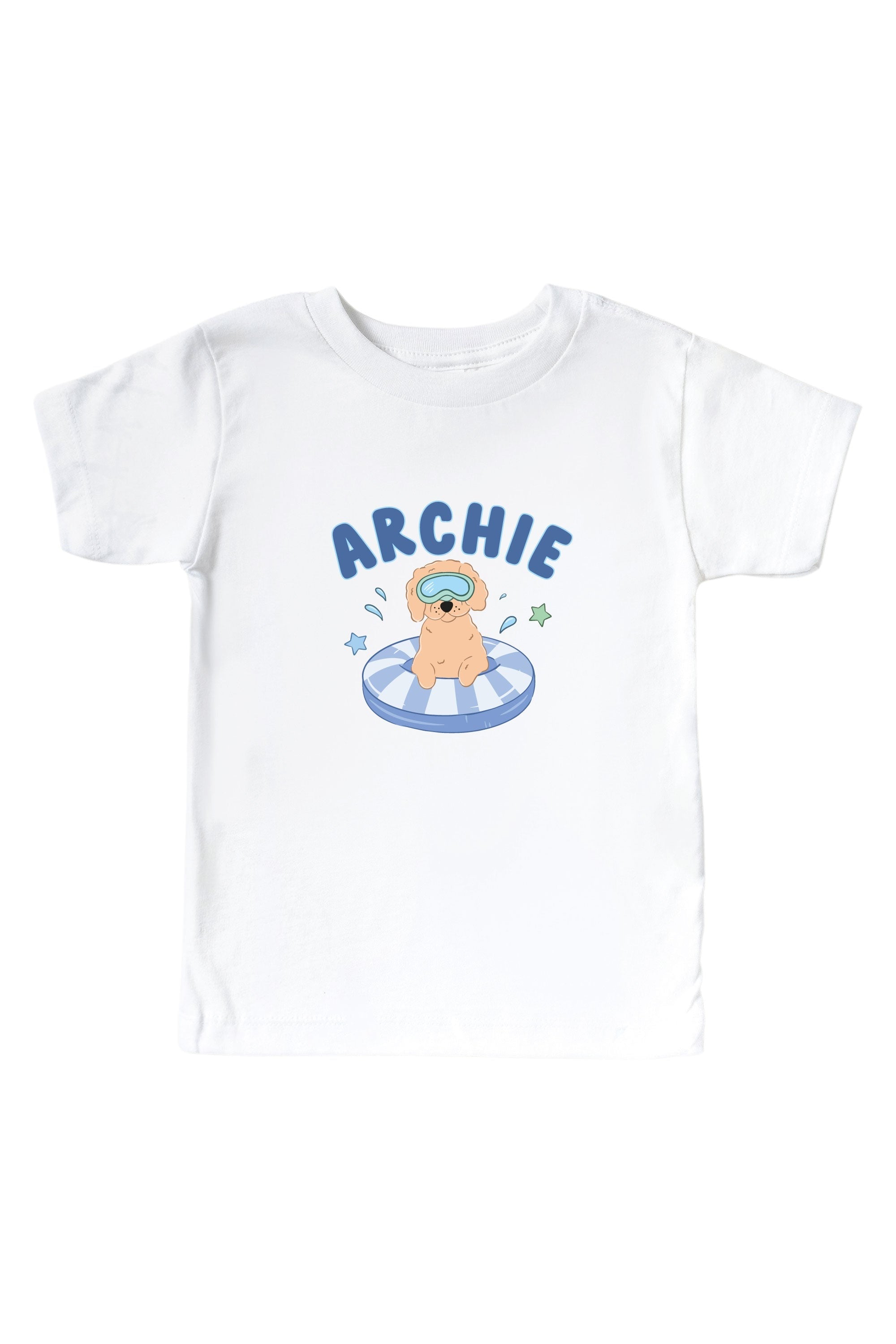 Personalized Poolside Pups Blue Graphic Bodysuit & Kids Tee | White