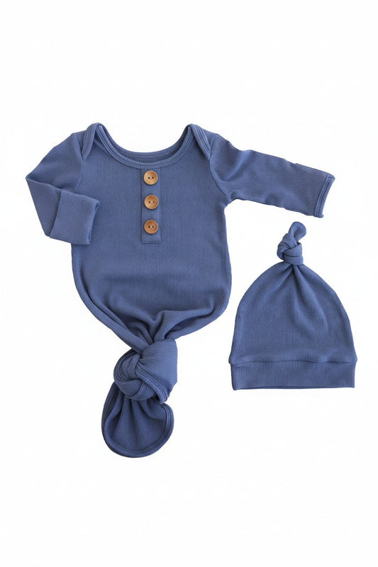 Steel Blue Ribbed Bamboo Baby Knot Gown & Hat