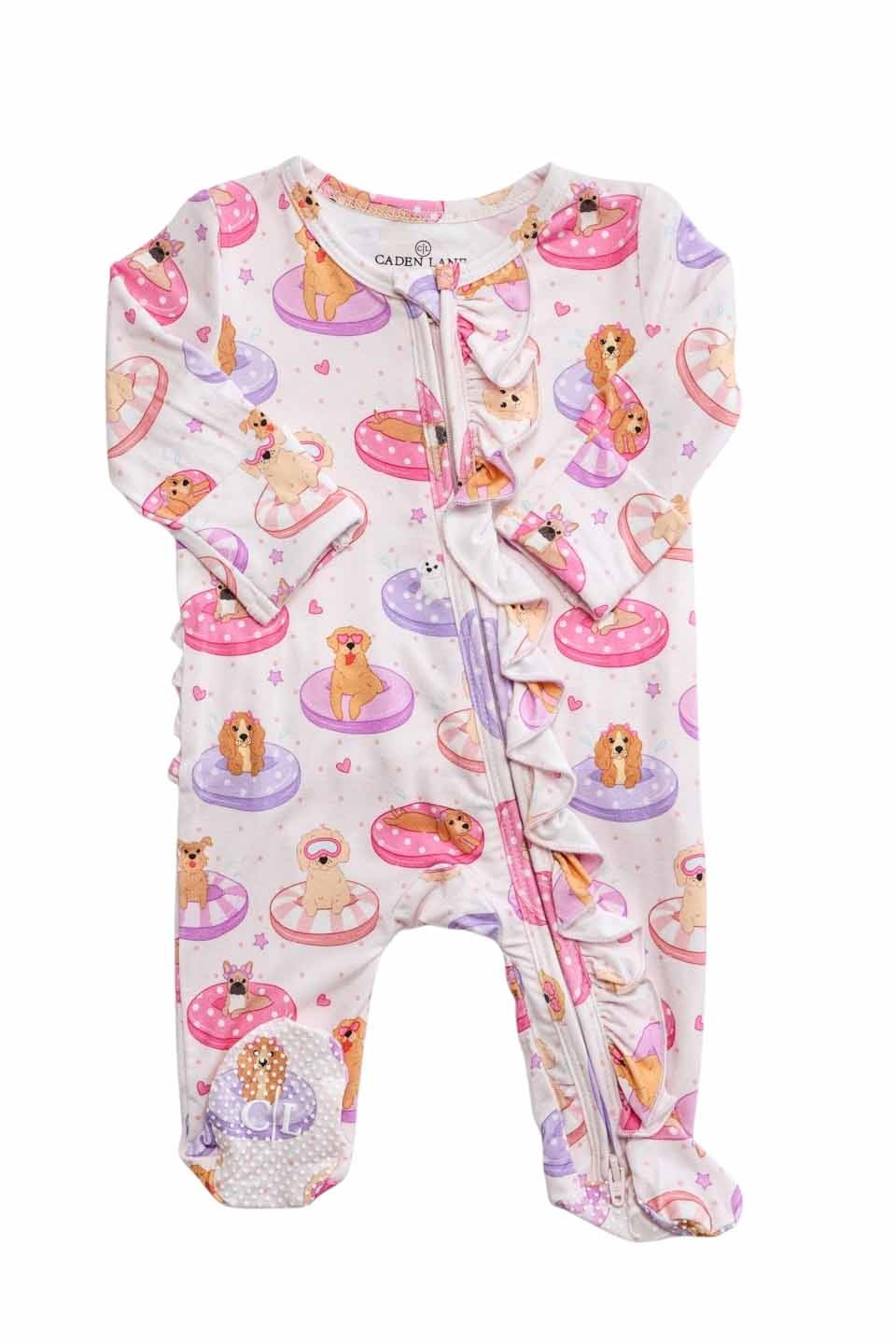 Ruffle Zipper Footie | Poolside Pups Pink