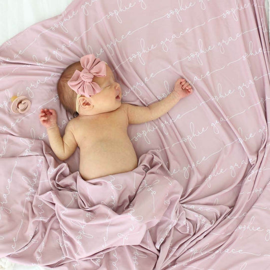 Personalized Mauve Baby Name Swaddle Blanket - Script
