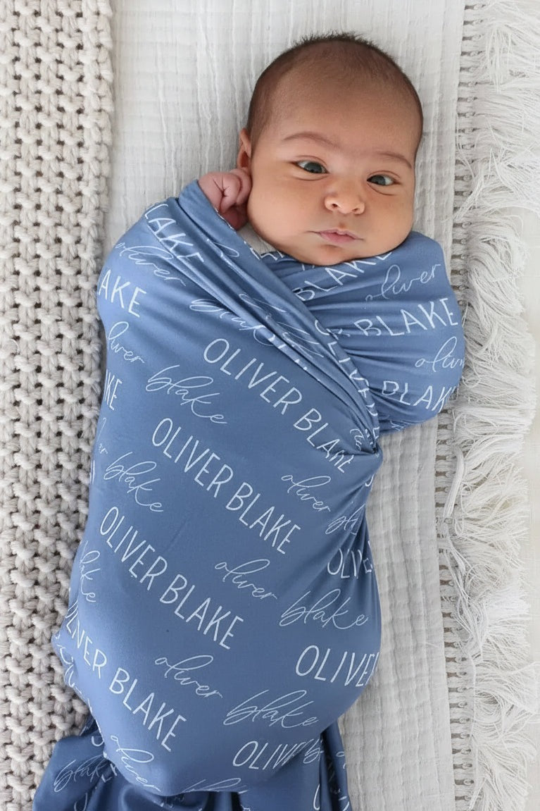 Personalized Steel Blue Baby Name Swaddle Blanket | Block Script