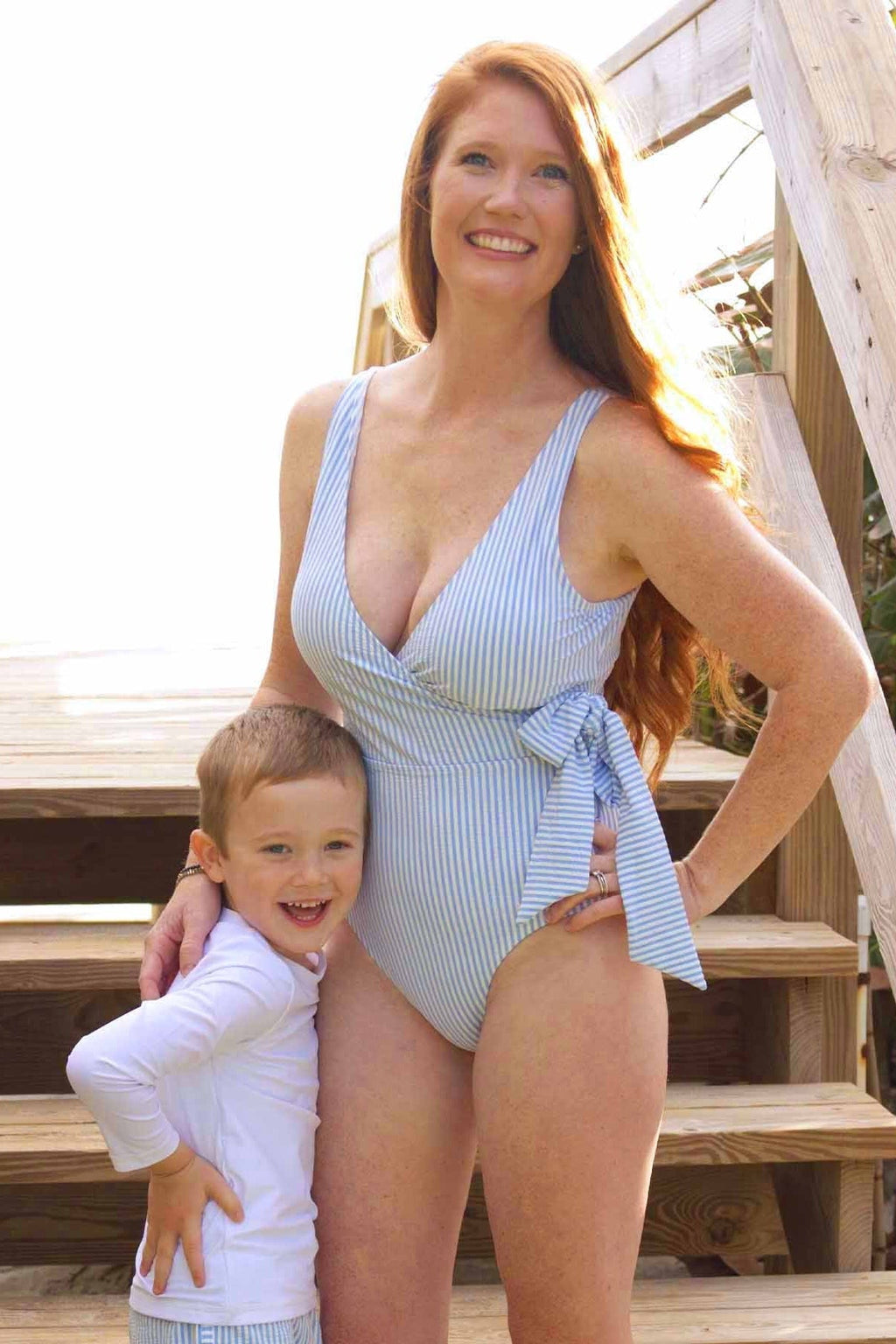 Women's Criss Cross One-Piece Swimsuit | Seersucker Blue
