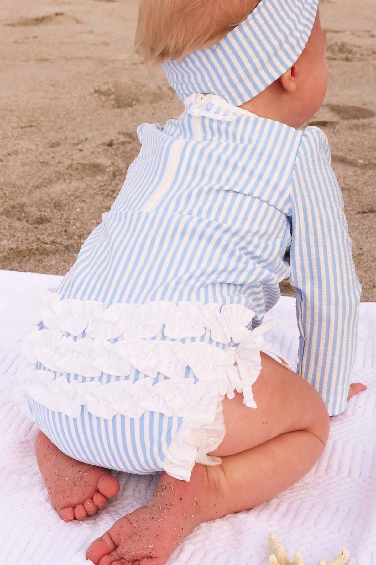 Long Sleeve Rash Guard With Ruffle Bottom | Seersucker Blue