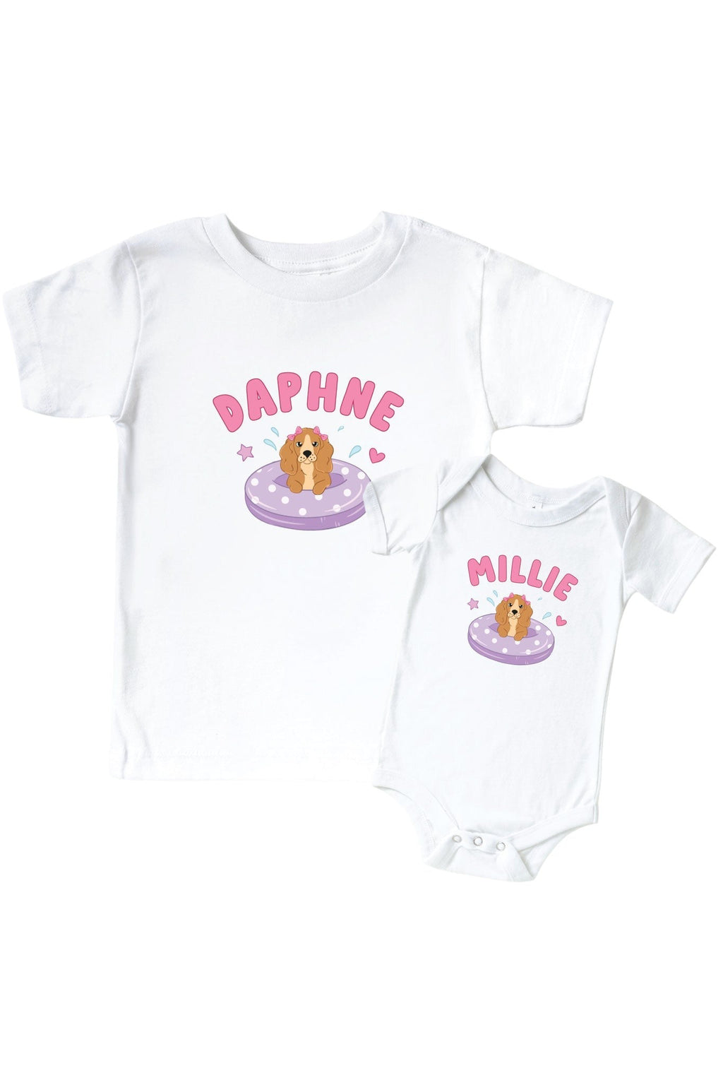 Personalized Poolside Pups Pink Graphic Bodysuit & Kids Tee | White