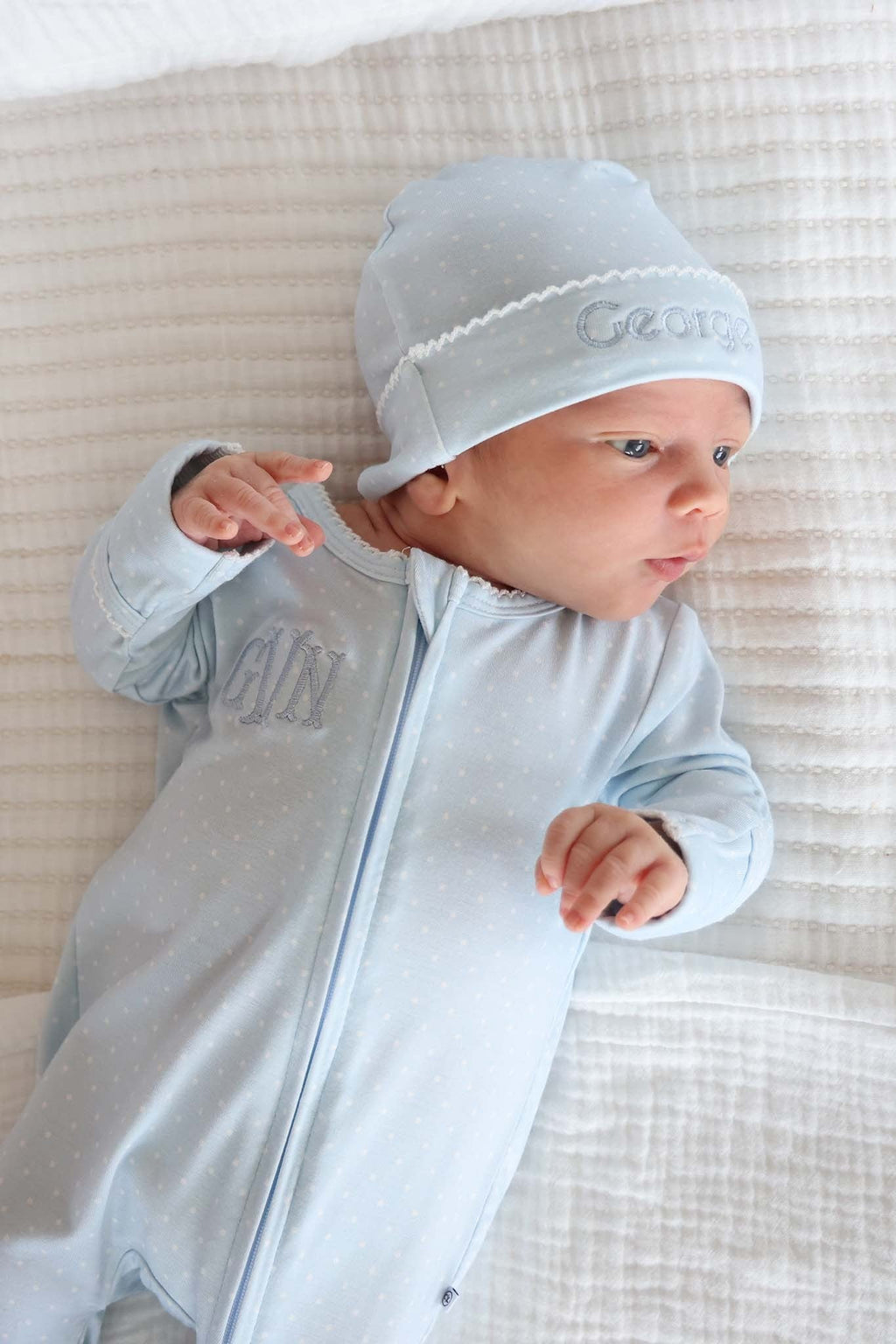 Picot Trim Bamboo Zipper Footie | Baby Blue