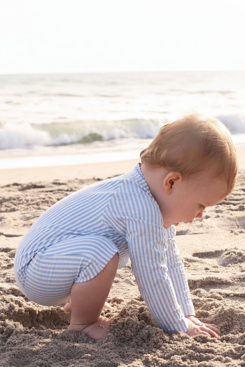 Long Sleeve Rash Guard Swim Romper Shortie | Seersucker Blue