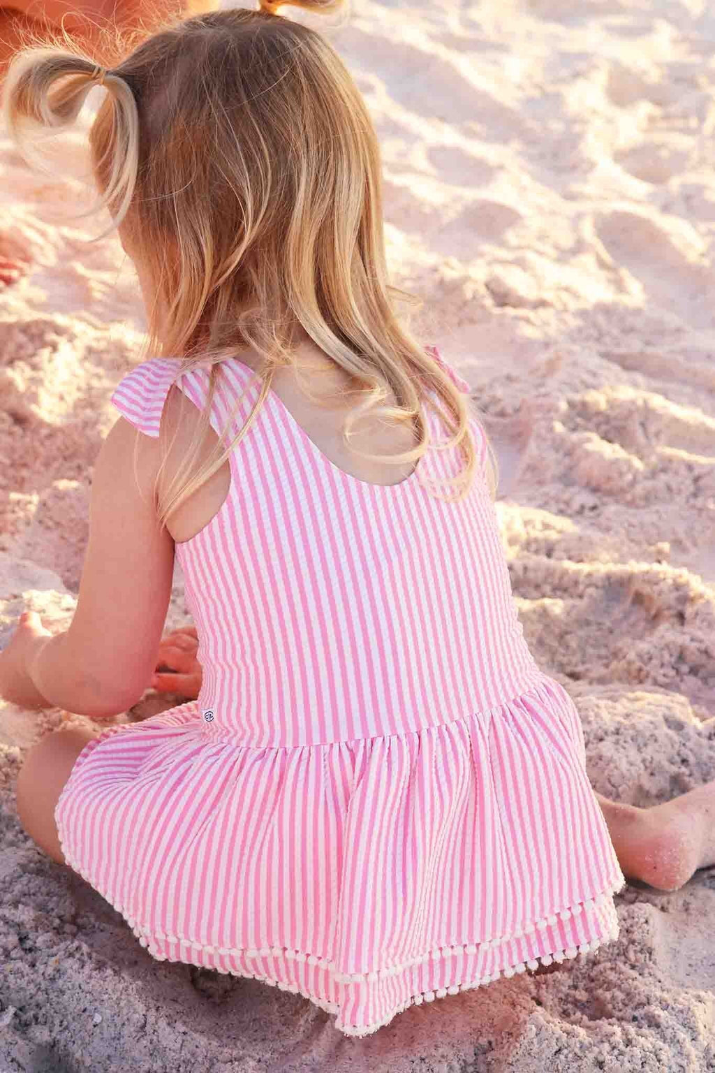 Tiered Skirt with White Pom Trim | Seersucker Dusty Pink