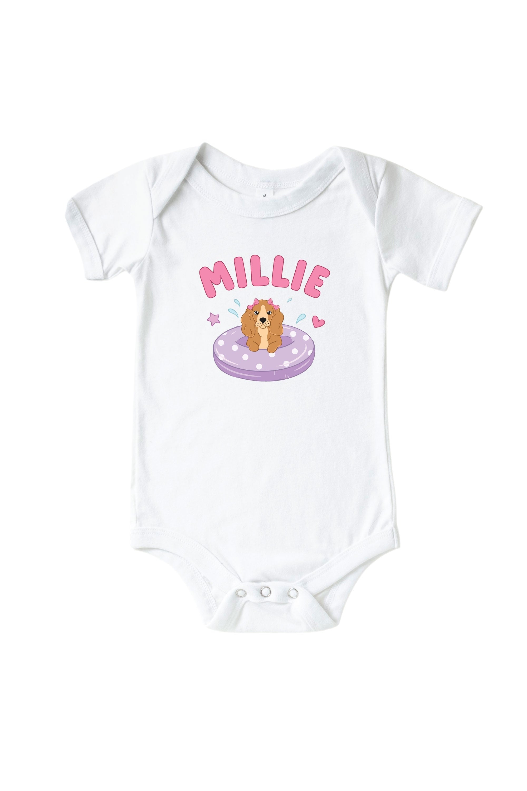 Personalized Poolside Pups Pink Graphic Bodysuit & Kids Tee | White