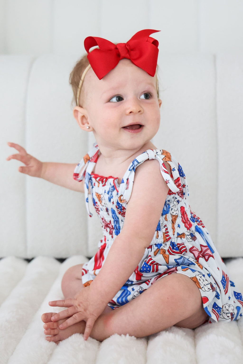 Smocked Twirl Bodysuit | Red, White & Cool