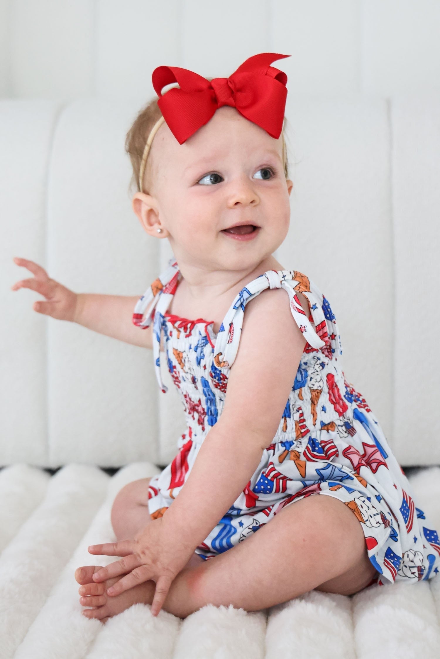 Smocked Twirl Bodysuit | Red, White & Cool