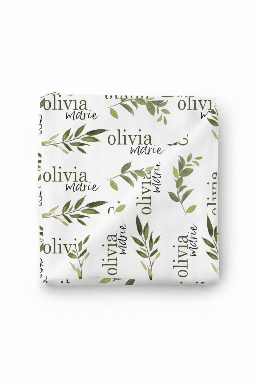 Olive Leaf Personalized Baby Name Swaddle Blanket