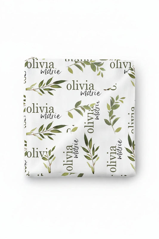 Olive Leaf Personalized Baby Name Swaddle Blanket