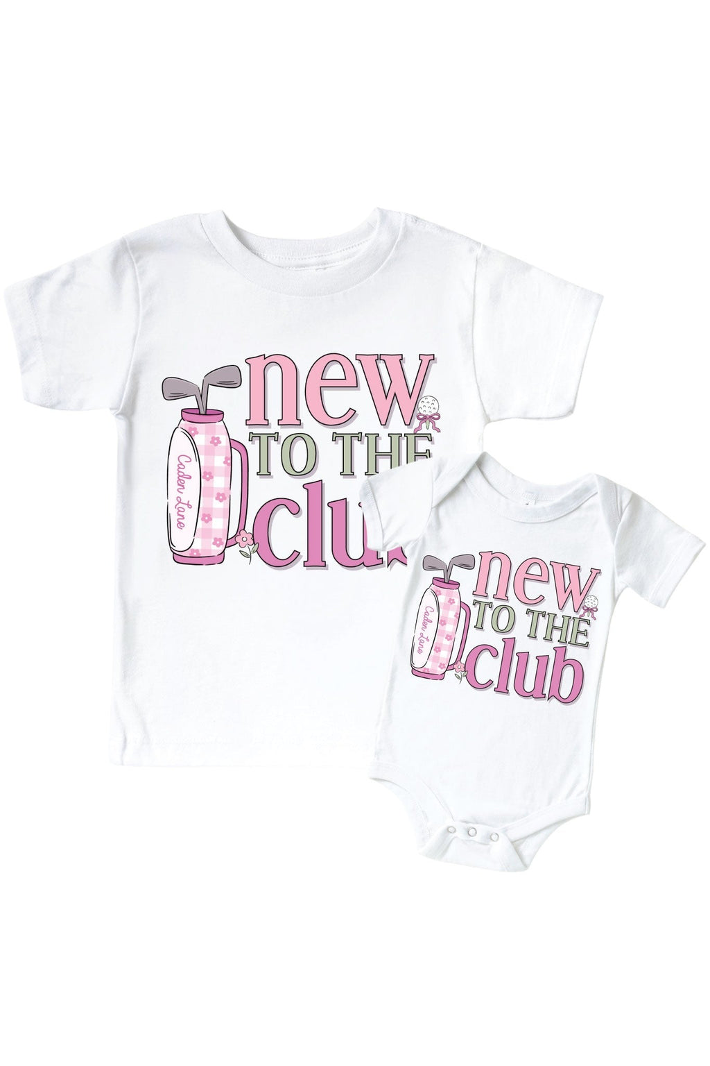 New To The Club Pink Graphic Bodysuit & Kids Tee | White