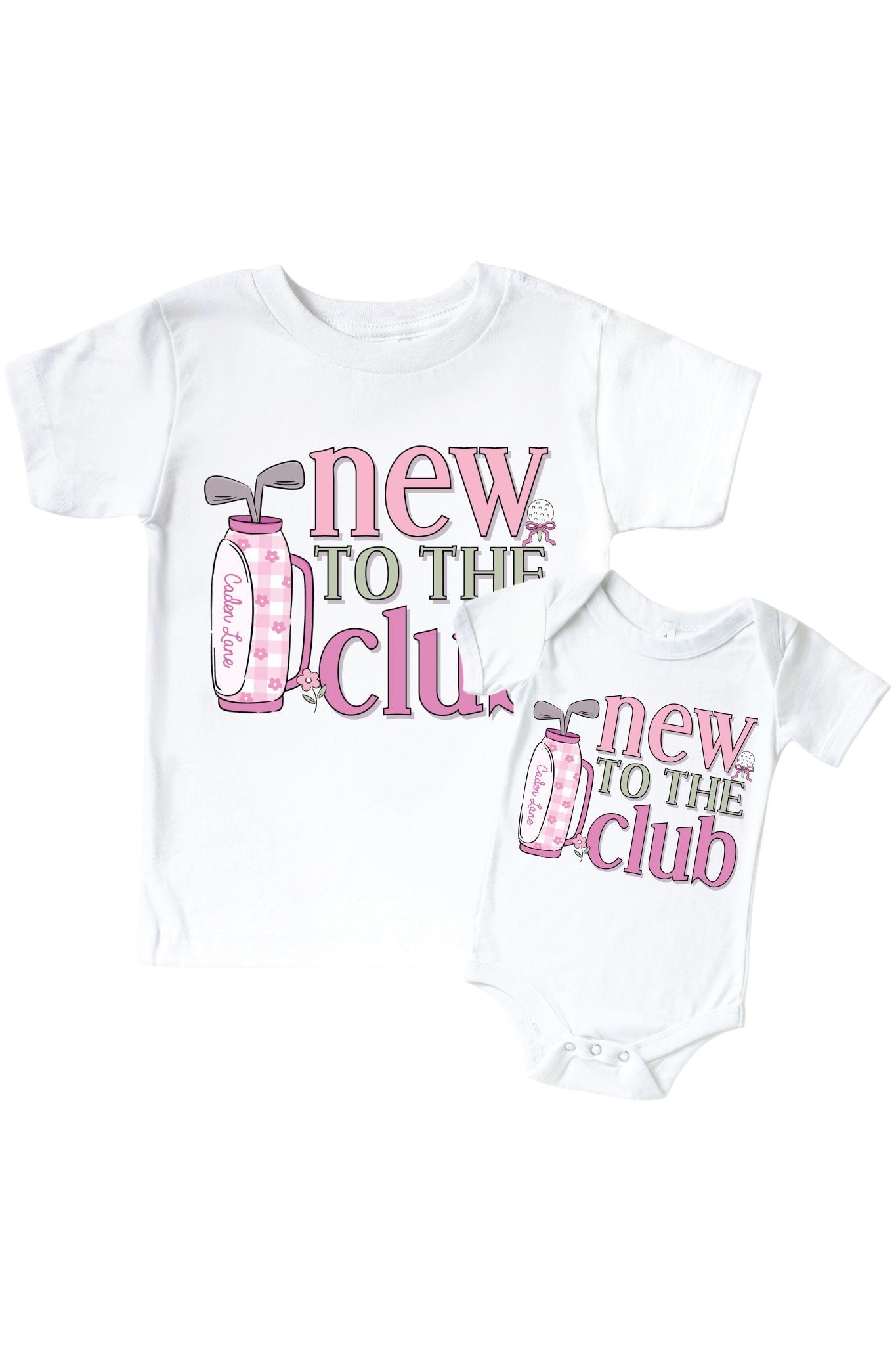 New To The Club Pink Graphic Bodysuit & Kids Tee | White