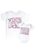 New To The Club Pink Graphic Bodysuit & Kids Tee | White