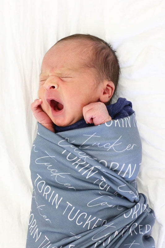 Personalized Dusty Blue Baby Name Swaddle Blanket - Block & Script