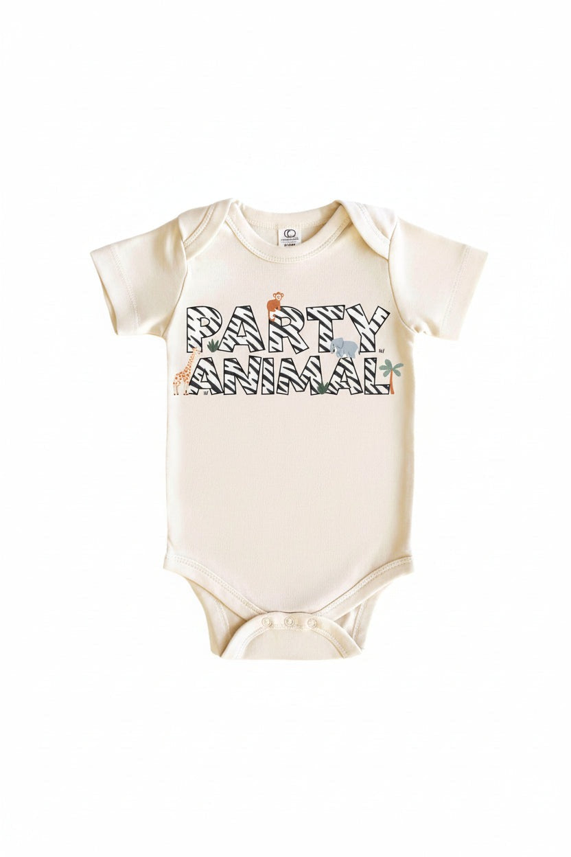 Party Animal Graphic Bodysuit & Kids Tee | Natural