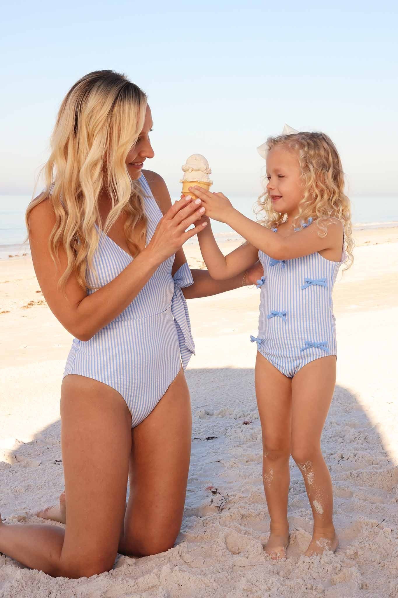 Tiny Bows One Piece | Seersucker Blue