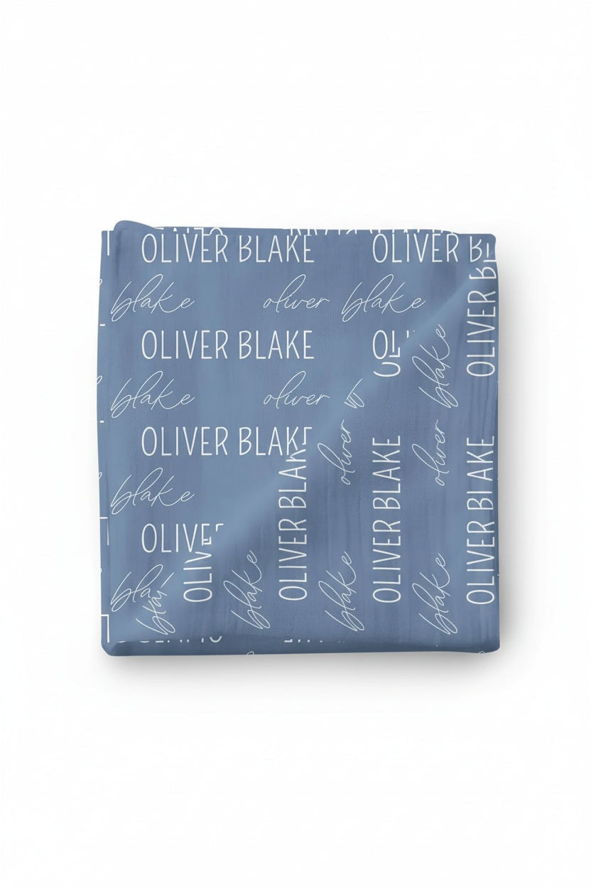 Personalized Steel Blue Baby Name Swaddle Blanket | Block Script