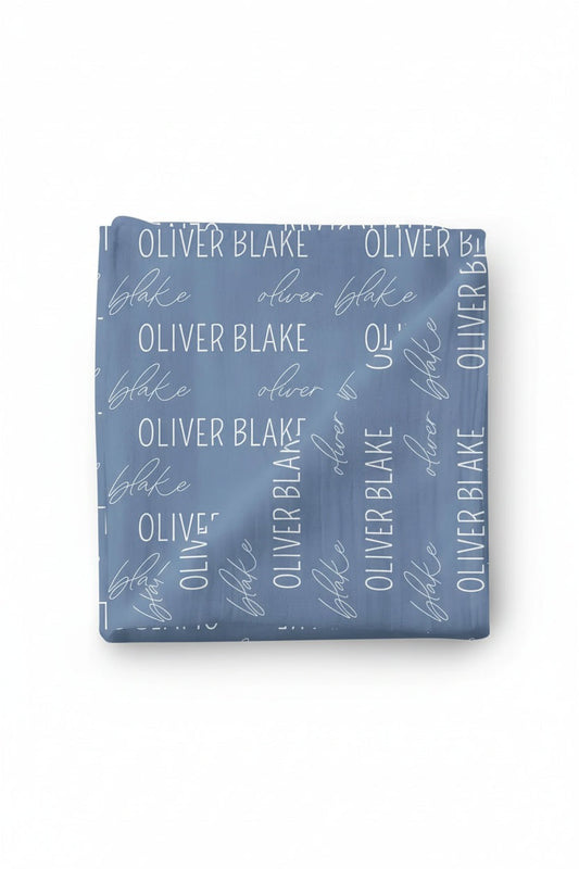 Personalized Steel Blue Baby Name Swaddle Blanket | Block Script