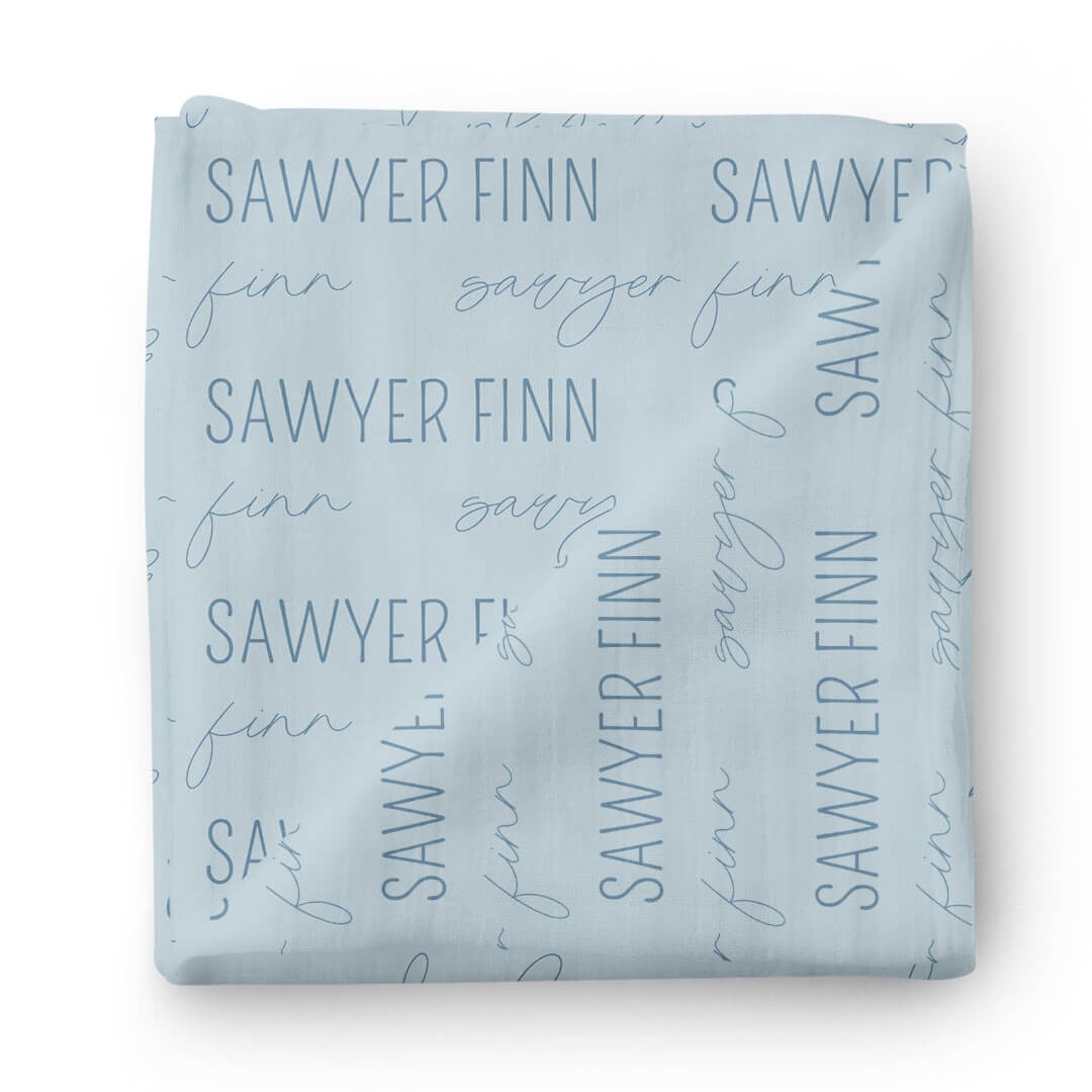 Personalized Light Dusty Blue Baby Name Swaddle Blanket - Block & Script