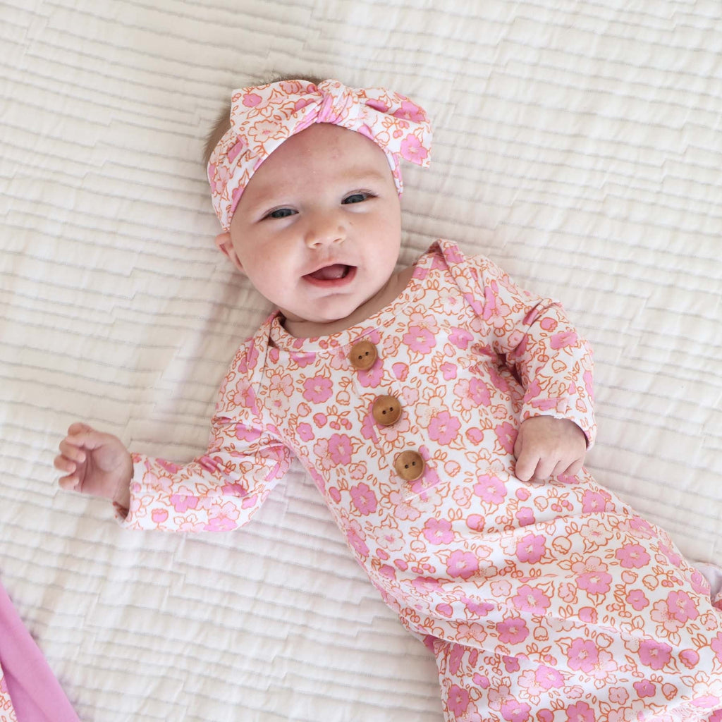 Palmer's Pink Floral Newborn Baby Knot Gown & Hat Set