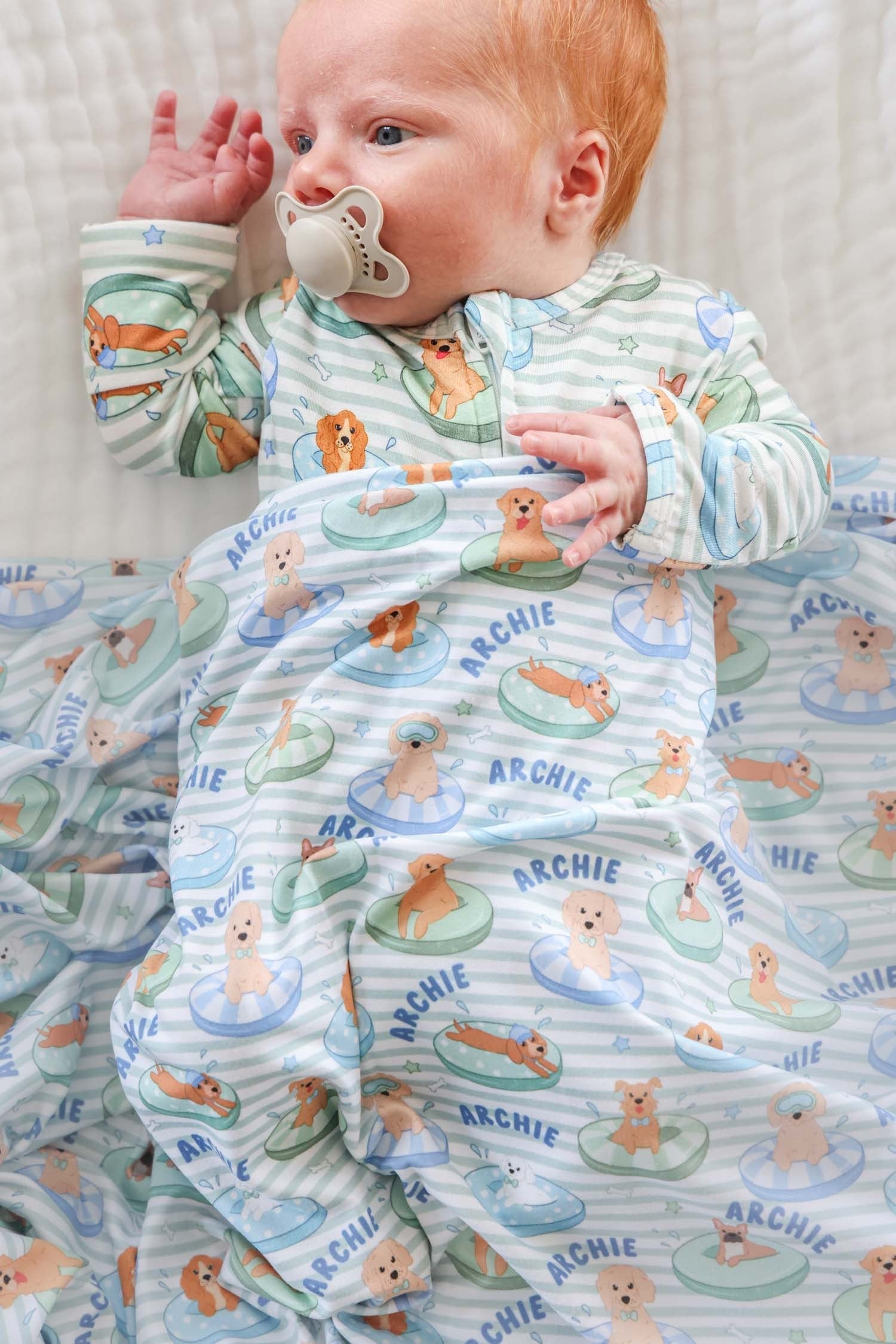 Personalized Swaddle Blanket | Poolside Pups Blue