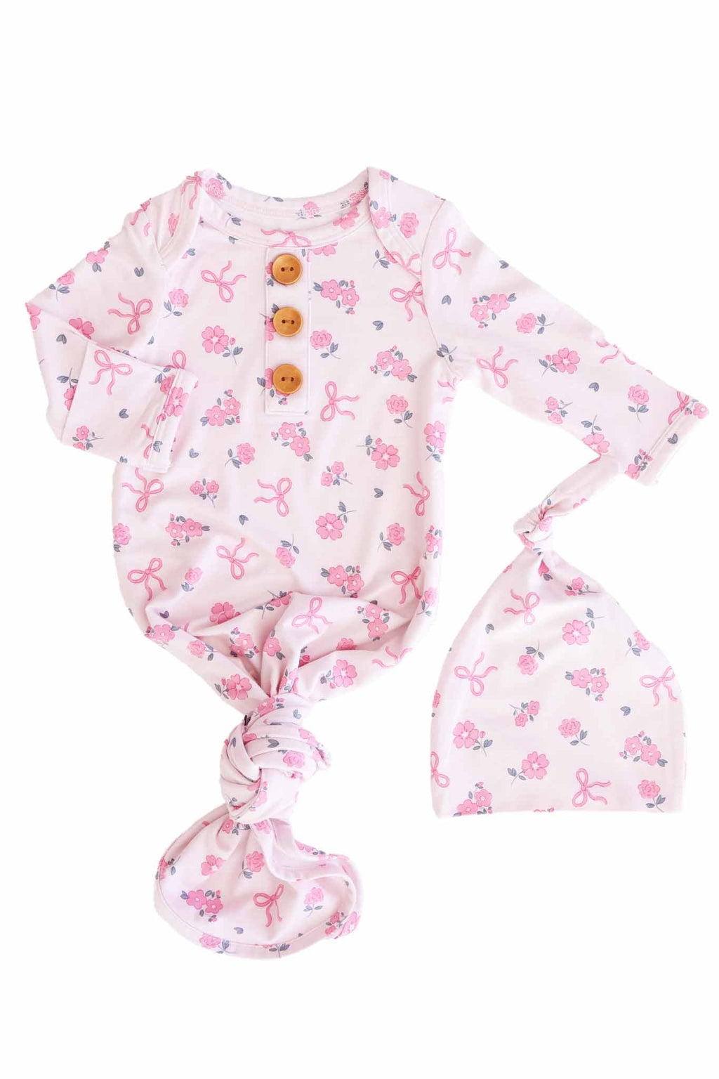Ribbon & Roses Newborn Baby Knot Gown & Hat Set | Pink