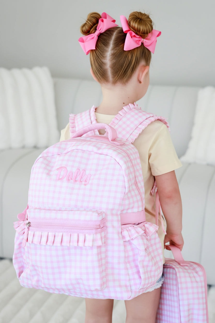 Kids Embroidered Ruffle Backpack | Pink Gingham